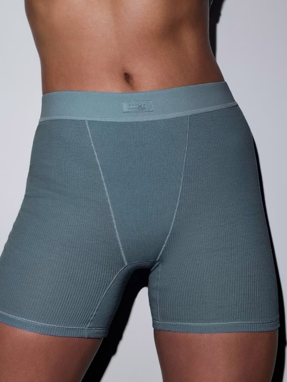 SKIMS Cotton Ribbed High-Waist Boxer Short Size XS Slate Teal Loungewear Travel
